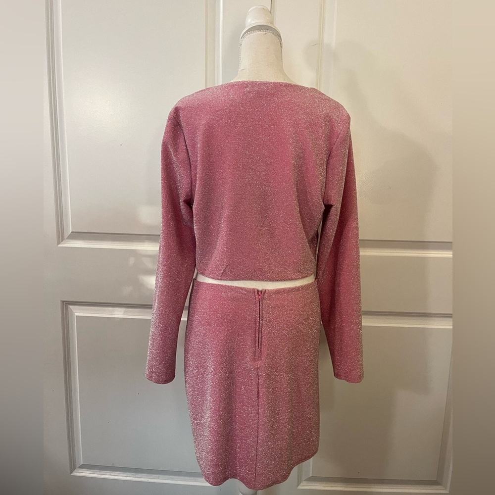 Crystal Doll Sparkly Pink 2-Piece Dress Set Mini Skirt & Long Sleeve Crop Top XL - Picture 6 of 16